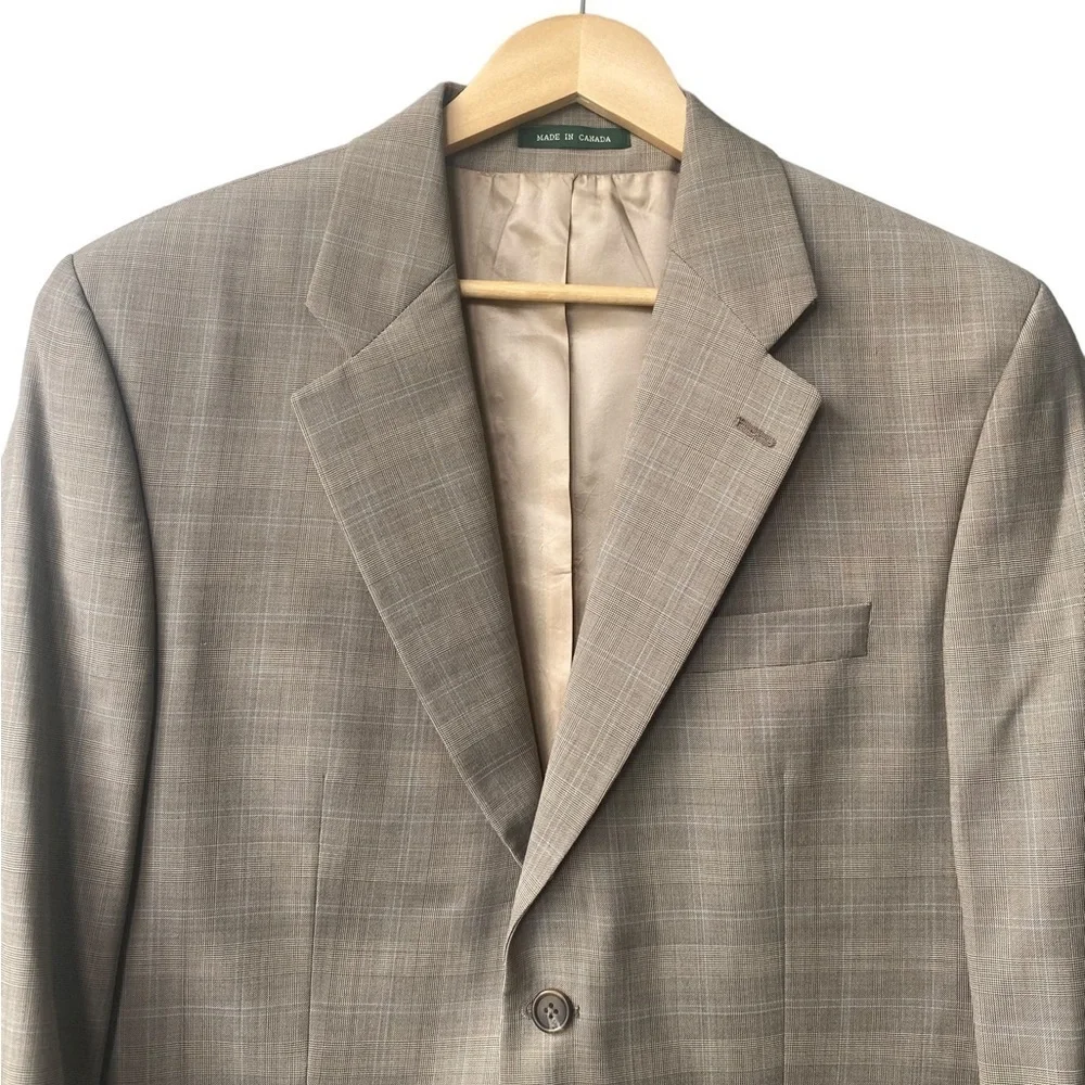 Lauren Ralph Lauren 100% Wool Executive Suit Beige Windowpane‎ Coat Size 40 R